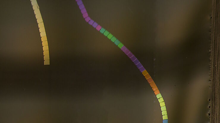 Section ribbons with increasing section thickness - silver to purple ending in blue sections. Section ribbons with increasing section thickness - silver to purple ending in blue sections.